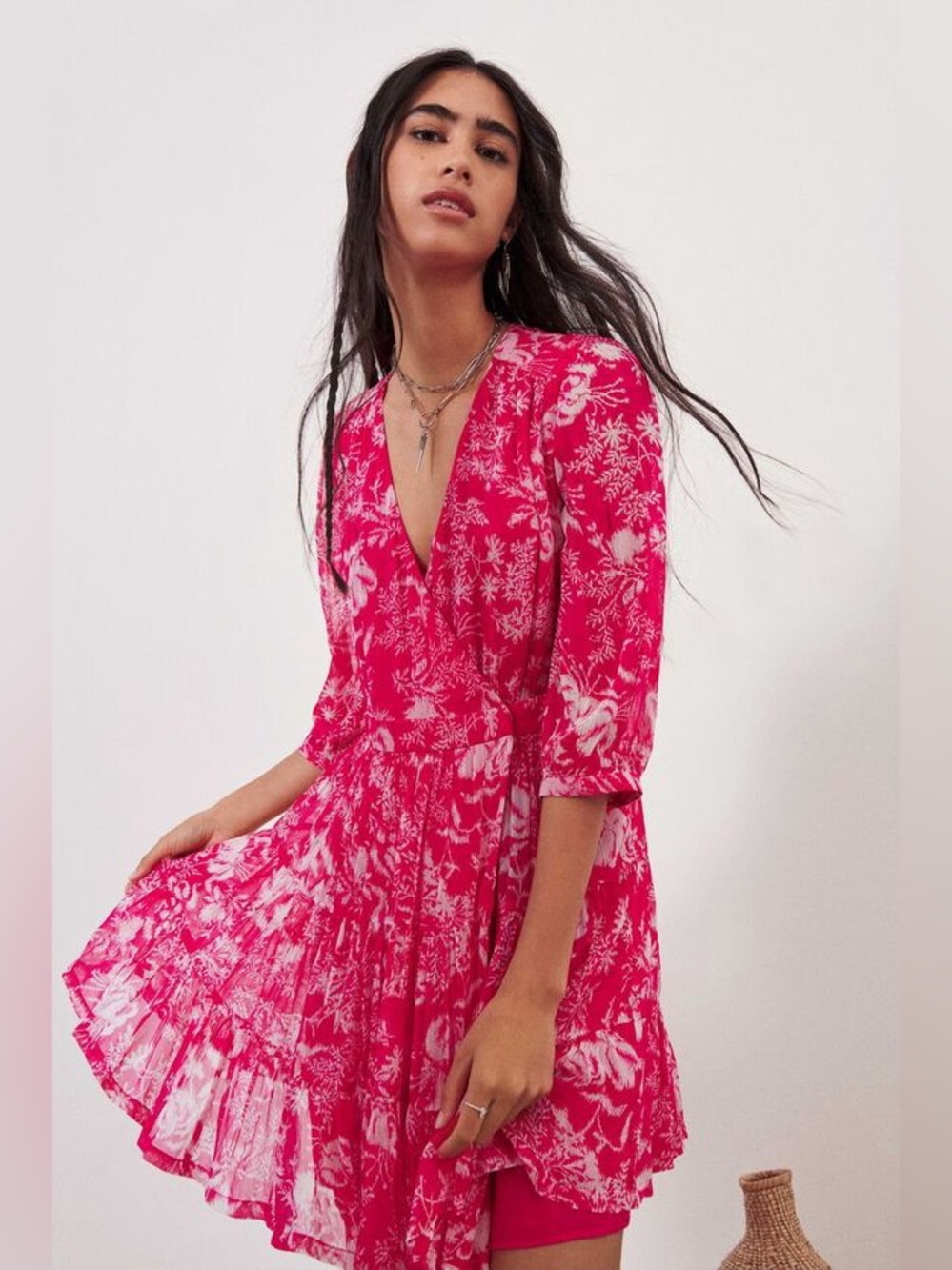ba&sh Size M (US 6) Ulia Floral Wrap Dress with 3/4 Length Sleeves - Pink/White